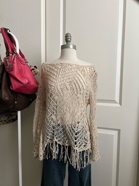 Xhilaration Cream Open-Weave Off-the-Shoulder Fringe Sweater